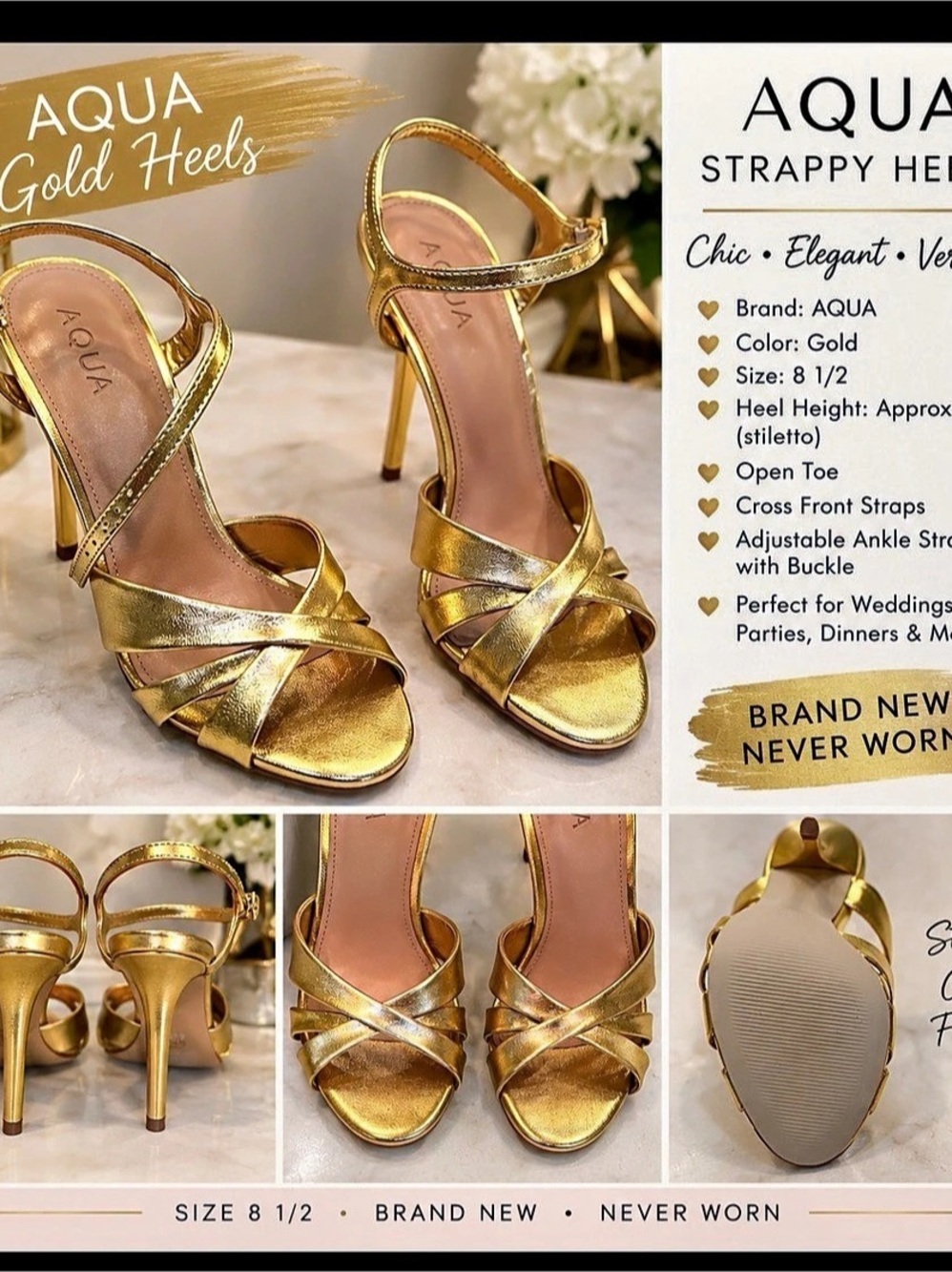 AQUA Strappy Heels Gold US 8 1/2 NWT